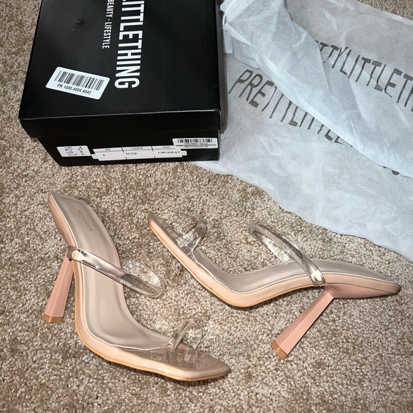 PrettyLittleThing Nude Square Toe Clear Strap Heels Mules Slip On Size 6 - Picture 9 of 13